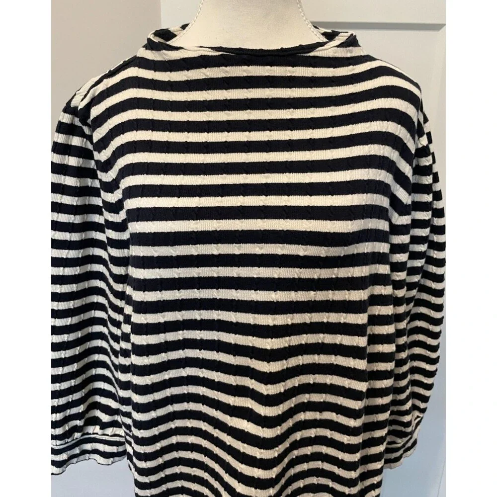 TALBOTS Womens Jacquard Knit TOP 3/4 Sleeve BLUE White STRIPE Funnel Neck Sz XL